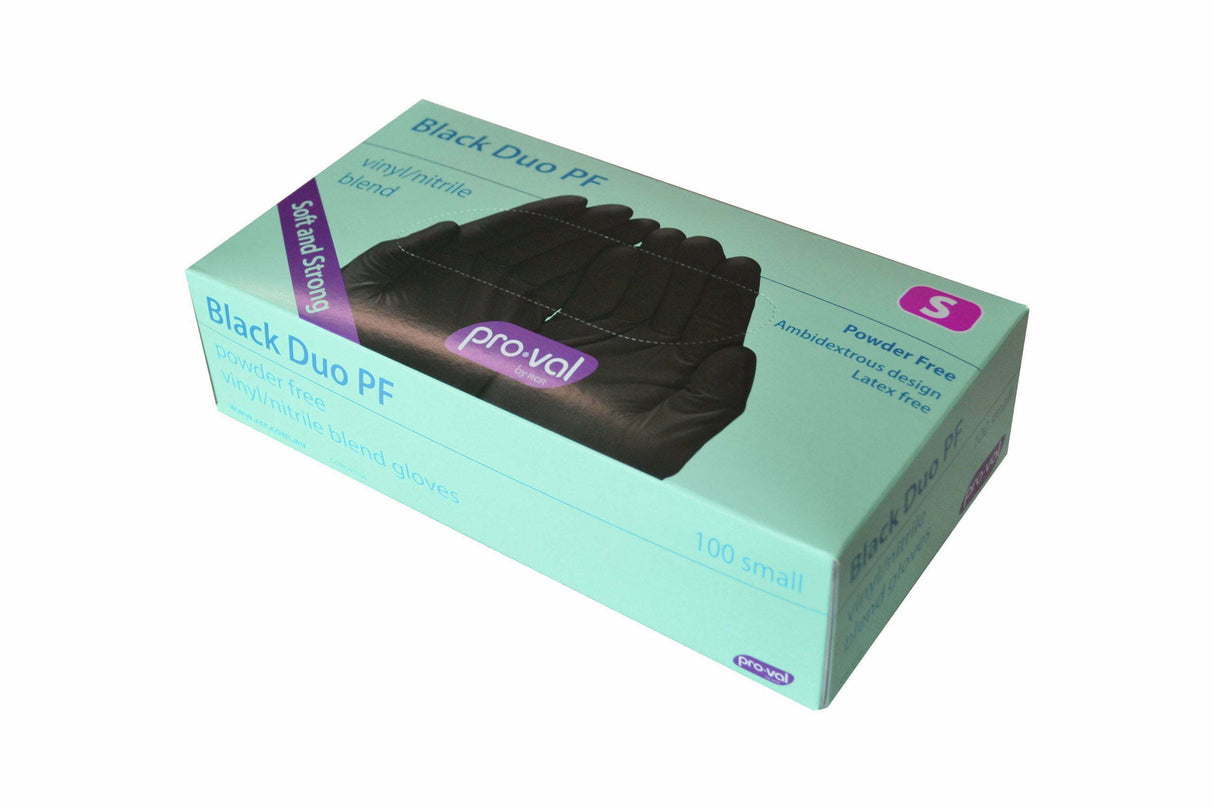 Black Duo PF Gloves. Vinyl/Nitrile Blend 100pk. Now available at MD Car Care. Fast Australia wide shipping.