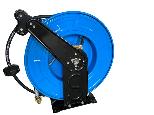 Durable 15m retractable metal braided hydraulic hose reel. High-pressure, safe, flexible – ideal for workshops, industrial & commercial use in Australia. Now available at MD Car Care. Fast Australia wide shipping.