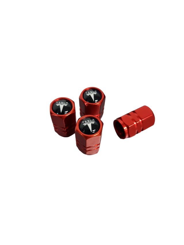 Tesla Tyre Valve Caps – 4PCS Red Metal Air Stem Covers. Now available at MD Car Care. Fast Australia wide shipping.