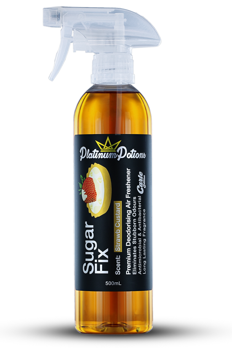 Shop Platinum Potions Sugar Fix Air Freshener in Australia. Long-lasting deodorising spray with sweet strawberry & vanilla custard scent for fresh interiors. Now available at MD Car Care. Fast Australia wide shipping.