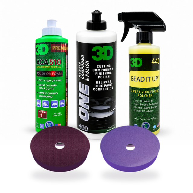3D Paint Correction & Protection Kit with one dark purple heavy-cut pad and one light purple medium-cut pad, showing gently bevelled foam edges.