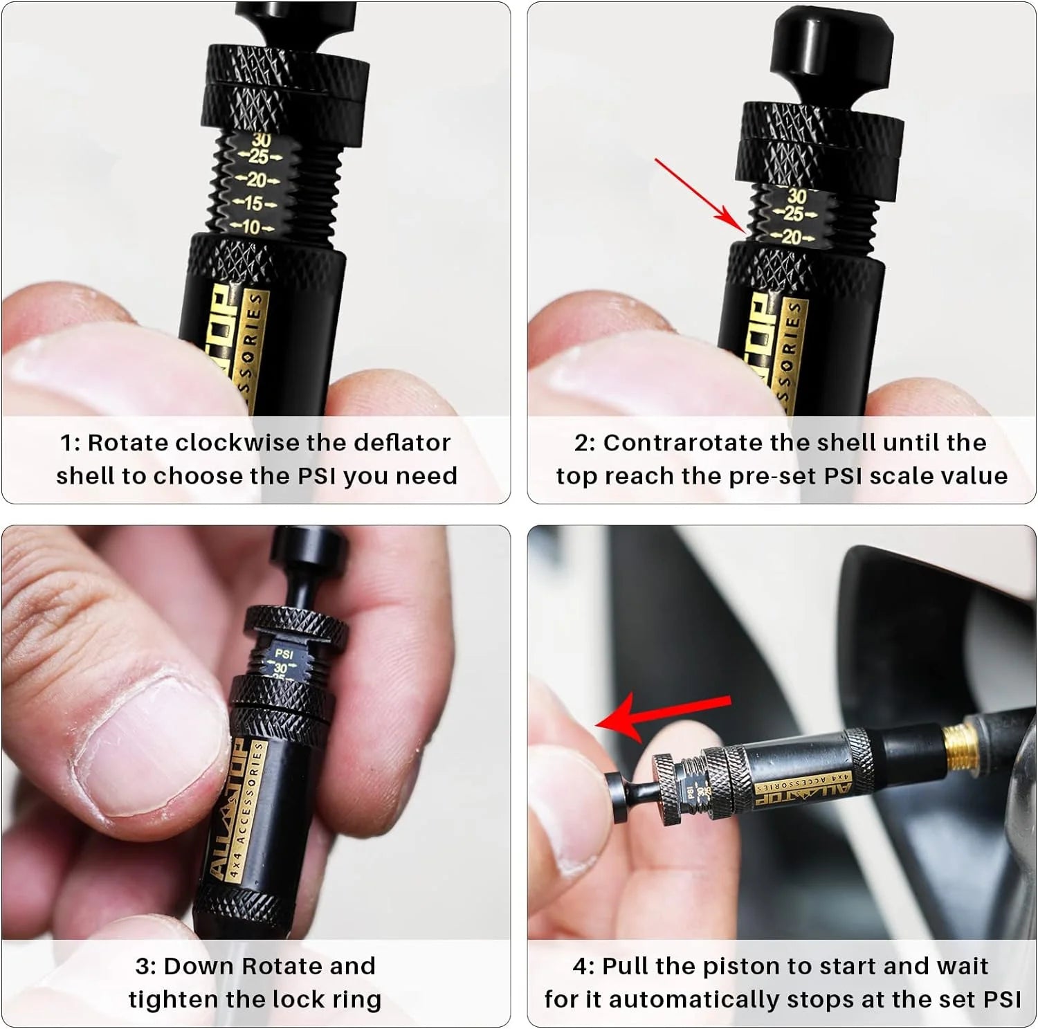 Adjustable Tyre Deflator Kit – 4pcs Auto-Stop Valves. Now available at MD Car Care. Fast Australia wide shipping.