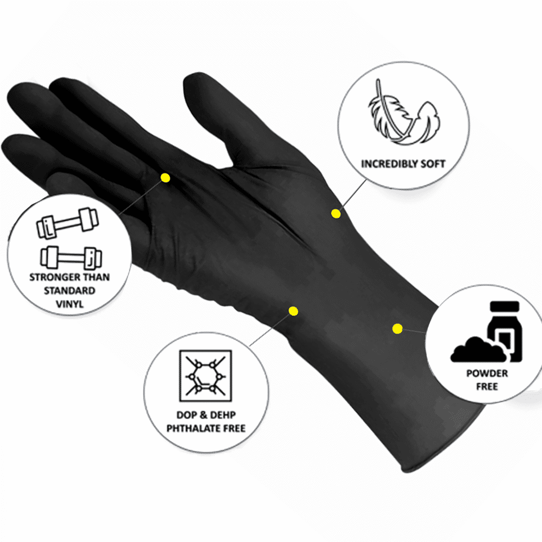 Black Duo PF Gloves. Vinyl/Nitrile Blend 100pk. Now available at MD Car Care. Fast Australia wide shipping.