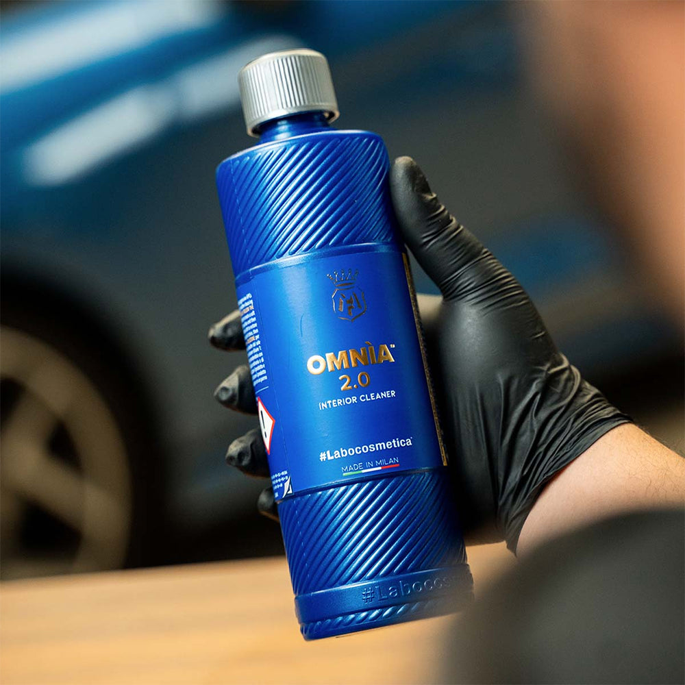 Labocosmetica OMNIA Interior Cleaner 500ml. Safe on leather, Alcantara & fabrics. Removes odours, restores plastics. Made in Italy. Now available at MD Car Care. Fast Australia wide shipping.