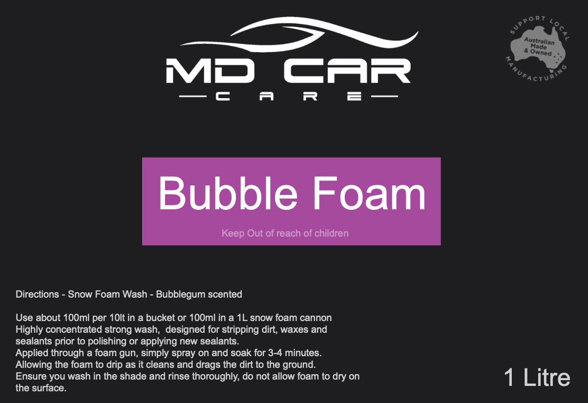 Deep-cleaning snow foam with bubblegum scent. Strips wax & grime safely. Perfect pre-polish or heavy wash. Ideal for car detailing in Australia. Now available at MD Car Care. Fast Australia wide shipping.