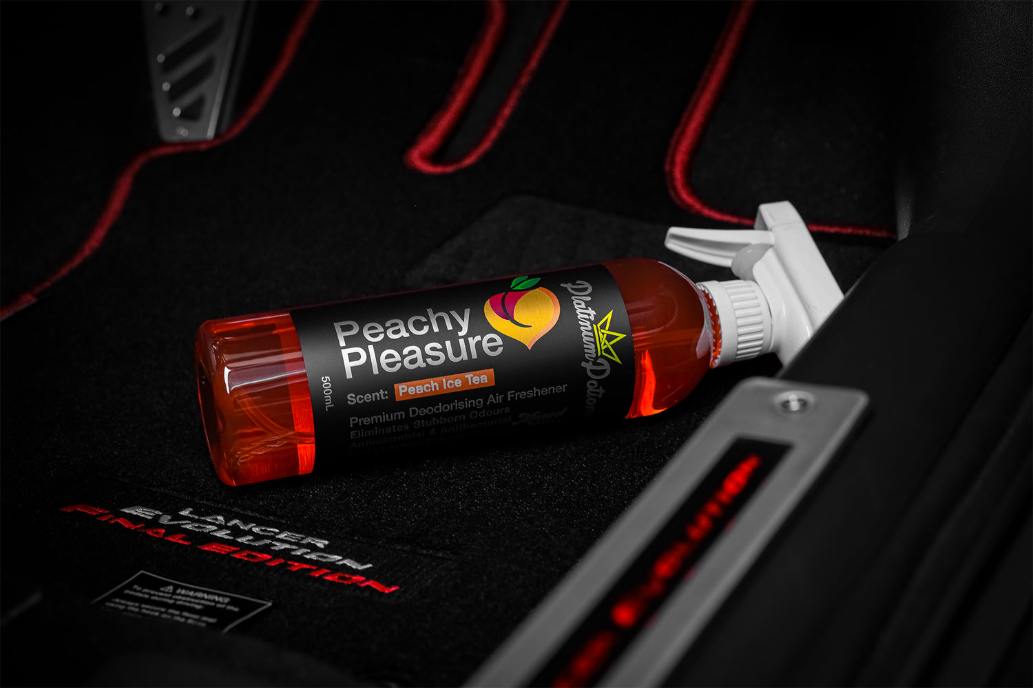 Shop Platinum Potions Peachy Pleasure Air Freshener in Australia. Premium deodorising spray with juicy peach & iced tea scent for long-lasting freshness. Now available at MD Car Care. Fast Australia wide shipping.