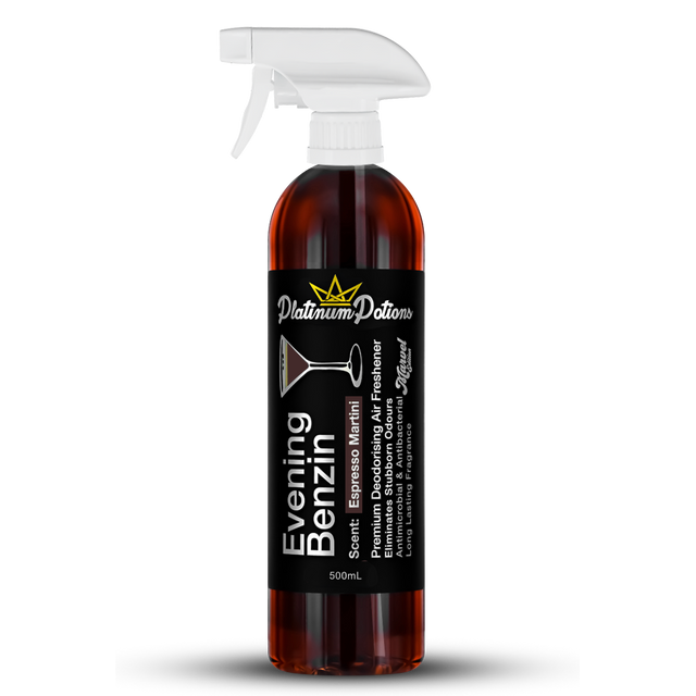 Buy Platinum Potions Evening Benzin in Australia. Premium deodorising air freshener with rich coffee, vanilla & caramel scent. Eliminates odours & lasts long. Now available at MD Car Care. Fast Australia wide shipping.
