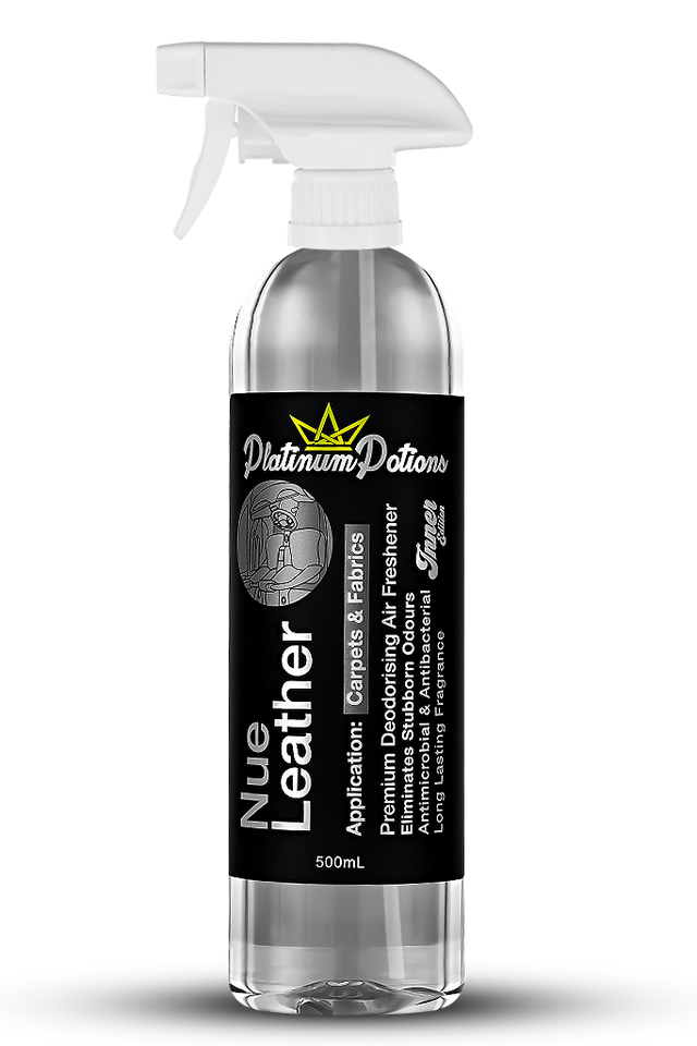 Buy Platinum Potions Nue Leather Air Freshener in Australia. Premium deodorising spray with rich, fresh-cut leather scent for lasting interior freshness. Now available at MD Car Care. Fast Australia wide shipping.