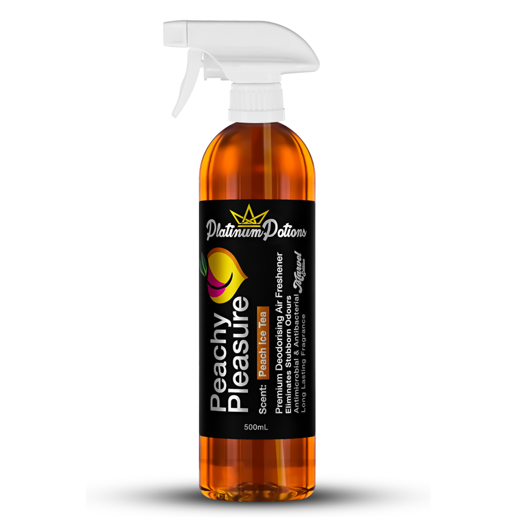 Shop Platinum Potions Peachy Pleasure Air Freshener in Australia. Premium deodorising spray with juicy peach & iced tea scent for long-lasting freshness. Now available at MD Car Care. Fast Australia wide shipping.