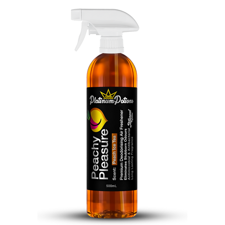 Shop Platinum Potions Peachy Pleasure Air Freshener in Australia. Premium deodorising spray with juicy peach & iced tea scent for long-lasting freshness. Now available at MD Car Care. Fast Australia wide shipping.