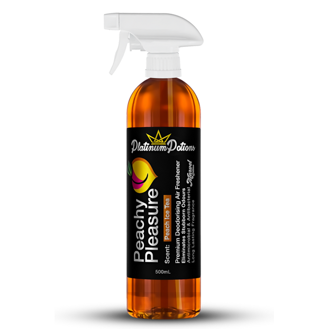 Shop Platinum Potions Peachy Pleasure Air Freshener in Australia. Premium deodorising spray with juicy peach & iced tea scent for long-lasting freshness. Now available at MD Car Care. Fast Australia wide shipping.