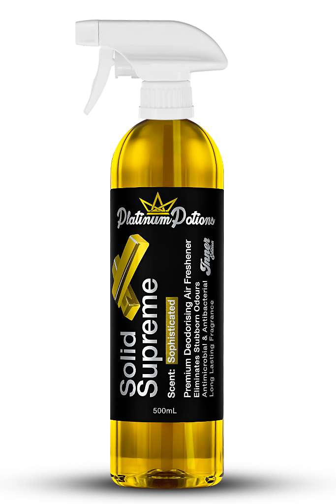Buy Platinum Potions Solid Supreme Air Freshener in AU. Premium deodorising spray with woody spices, mint & leather notes for a rich, million-dollar scent. Now available at MD Car Care. Fast Australia wide shipping.