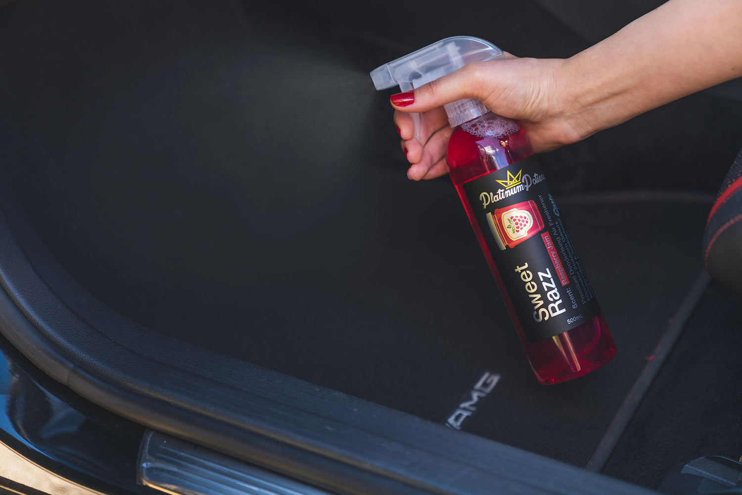 Shop Platinum Potions Sweet Razz Air Freshener in Australia. Premium deodorising spray with rich raspberry jam scent for lasting freshness & odour removal. Now available at MD Car Care. Fast Australia wide shipping.