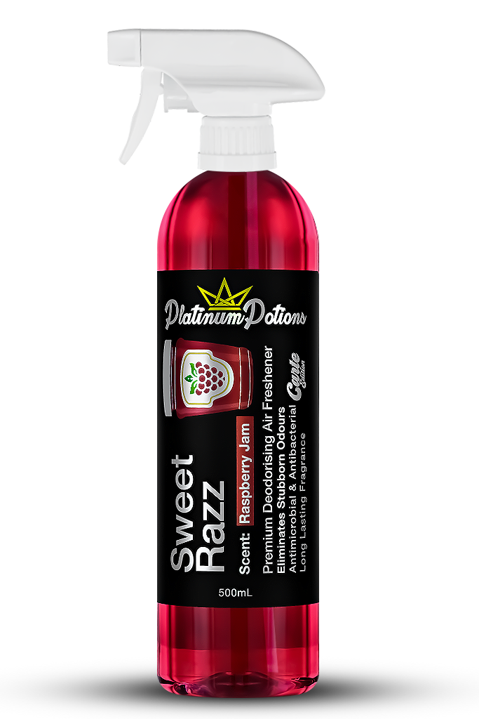Shop Platinum Potions Sweet Razz Air Freshener in Australia. Premium deodorising spray with rich raspberry jam scent for lasting freshness & odour removal. Now available at MD Car Care. Fast Australia wide shipping.