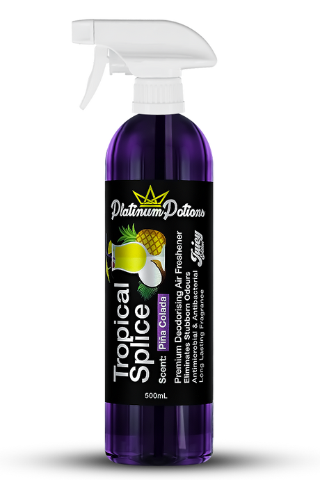 Buy Platinum Potions Tropical Splice Air Freshener in Australia. Long-lasting Piña Colada scent, premium odour eliminator for cars, homes & carpets. Now available at MD Car Care. Fast Australia wide shipping.