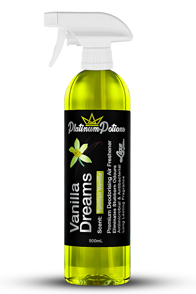 Shop Platinum Potions Vanilla Dreams Air Freshener in Australia. Rich Tahitian vanilla scent, long-lasting odour eliminator for cars, homes & carpets. Now available at MD Car Care. Fast Australia wide shipping.