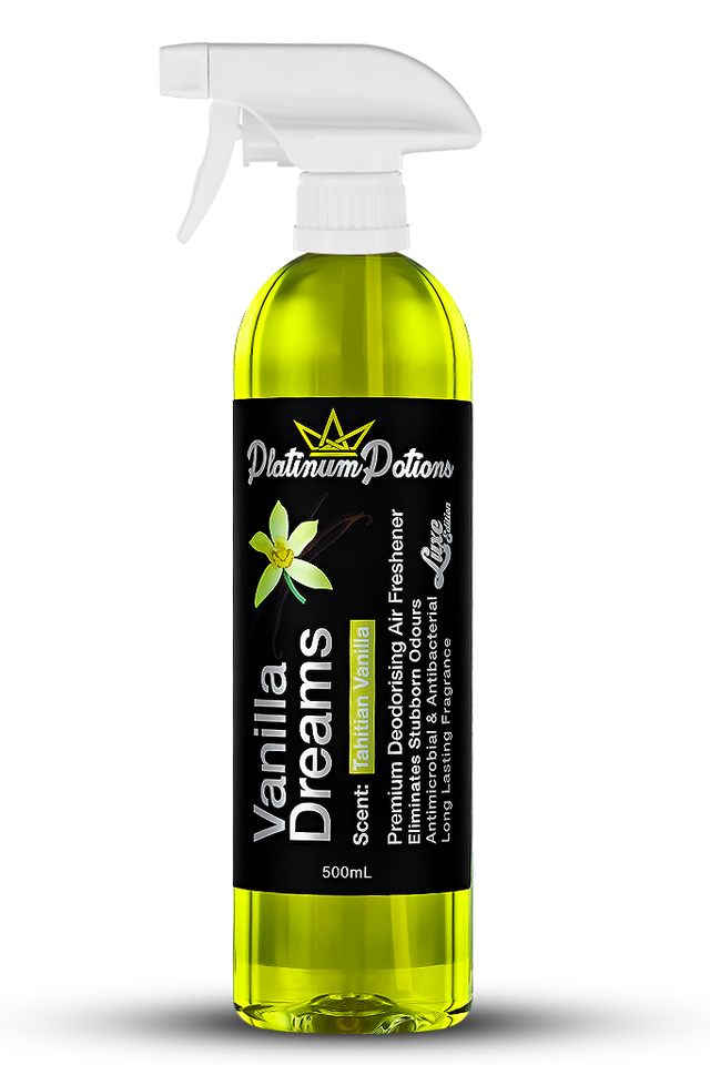 Shop Platinum Potions Vanilla Dreams Air Freshener in Australia. Rich Tahitian vanilla scent, long-lasting odour eliminator for cars, homes & carpets. Now available at MD Car Care. Fast Australia wide shipping.