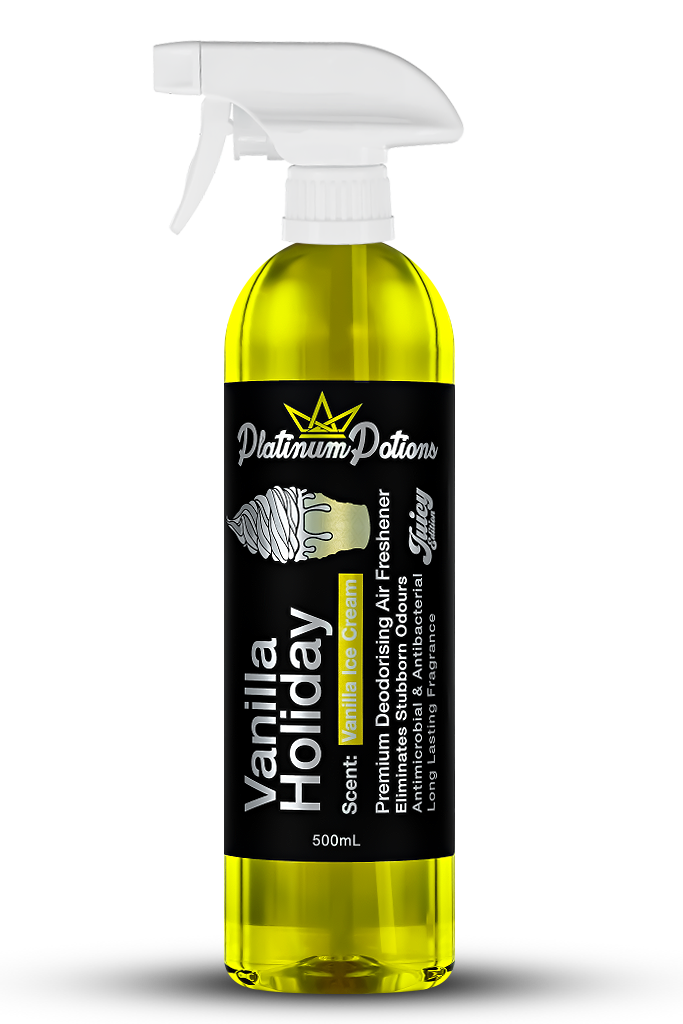 Shop Platinum Potions Vanilla Holiday Air Freshener in Australia. Sweet creamy vanilla bean scent, long-lasting odour eliminator for cars, homes & carpets. Now available at MD Car Care. Fast Australia wide shipping.