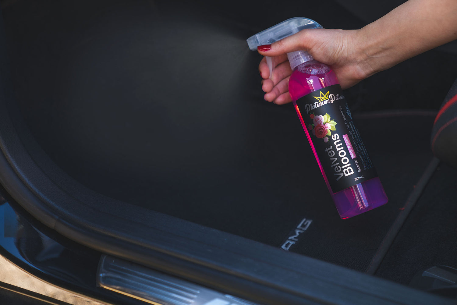 Buy Platinum Potions Velvet Blooms Air Freshener in Australia. Pink rose, musk & lychee scent, long-lasting odour eliminator for cars, homes & carpets. Now available at MD Car Care. Fast Australia wide shipping.