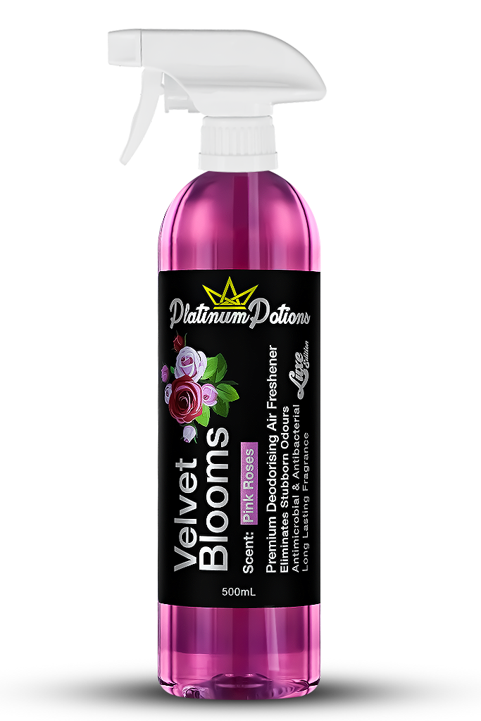 Buy Platinum Potions Velvet Blooms Air Freshener in Australia. Pink rose, musk & lychee scent, long-lasting odour eliminator for cars, homes & carpets. Now available at MD Car Care. Fast Australia wide shipping.