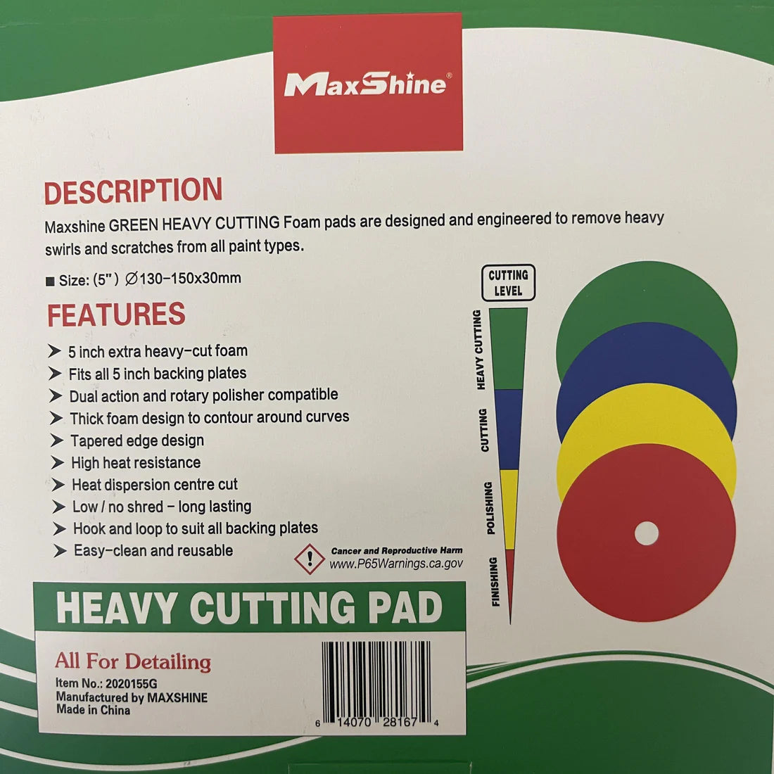 Maxshine High Pro Green Foam Heavy Cutting Pad - 5 Inch German Foam