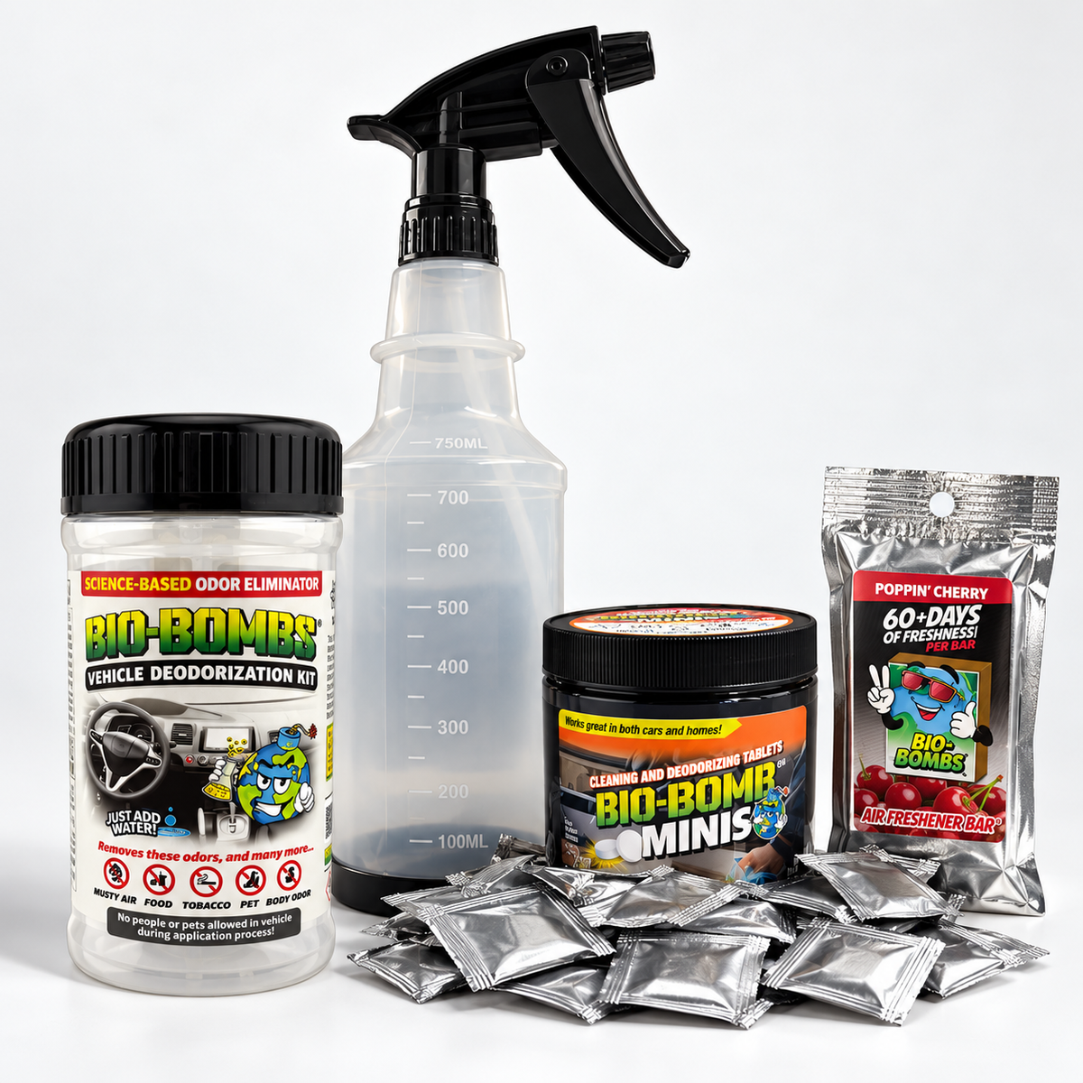 Bio-Bombs VDK odour reset kit with Minis, clear spray bottle and selectable air freshener bar