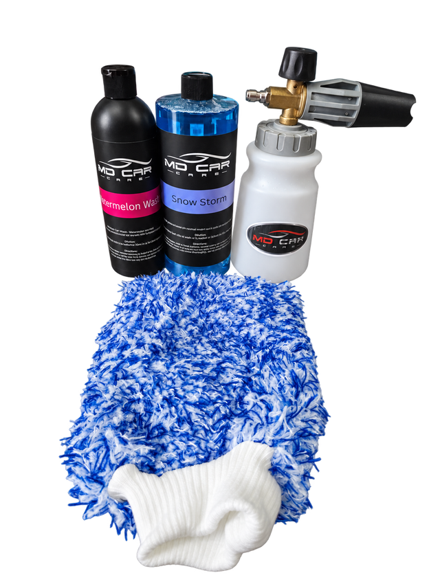 MD Car Care snow foam starter kit with blue plush microfibre wash mitt